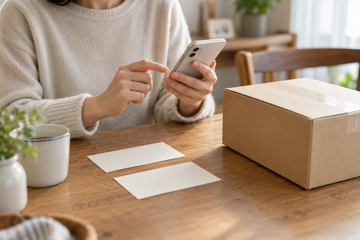 スマートフォンを確認する人と無地の配送箱