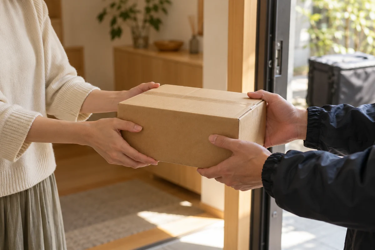 自宅の玄関で段ボール箱を直接受け取る手元