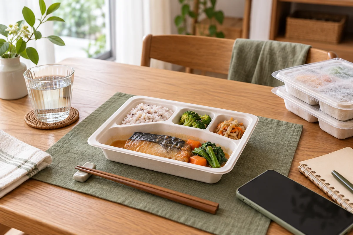一人分の食事と手帳とスマートフォンを置いた木の食卓