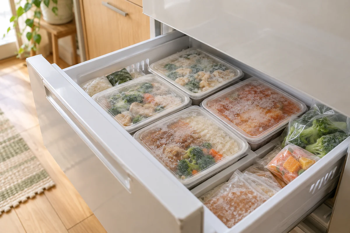 他の冷凍食品と弁当容器を収めた冷凍室の引き出し