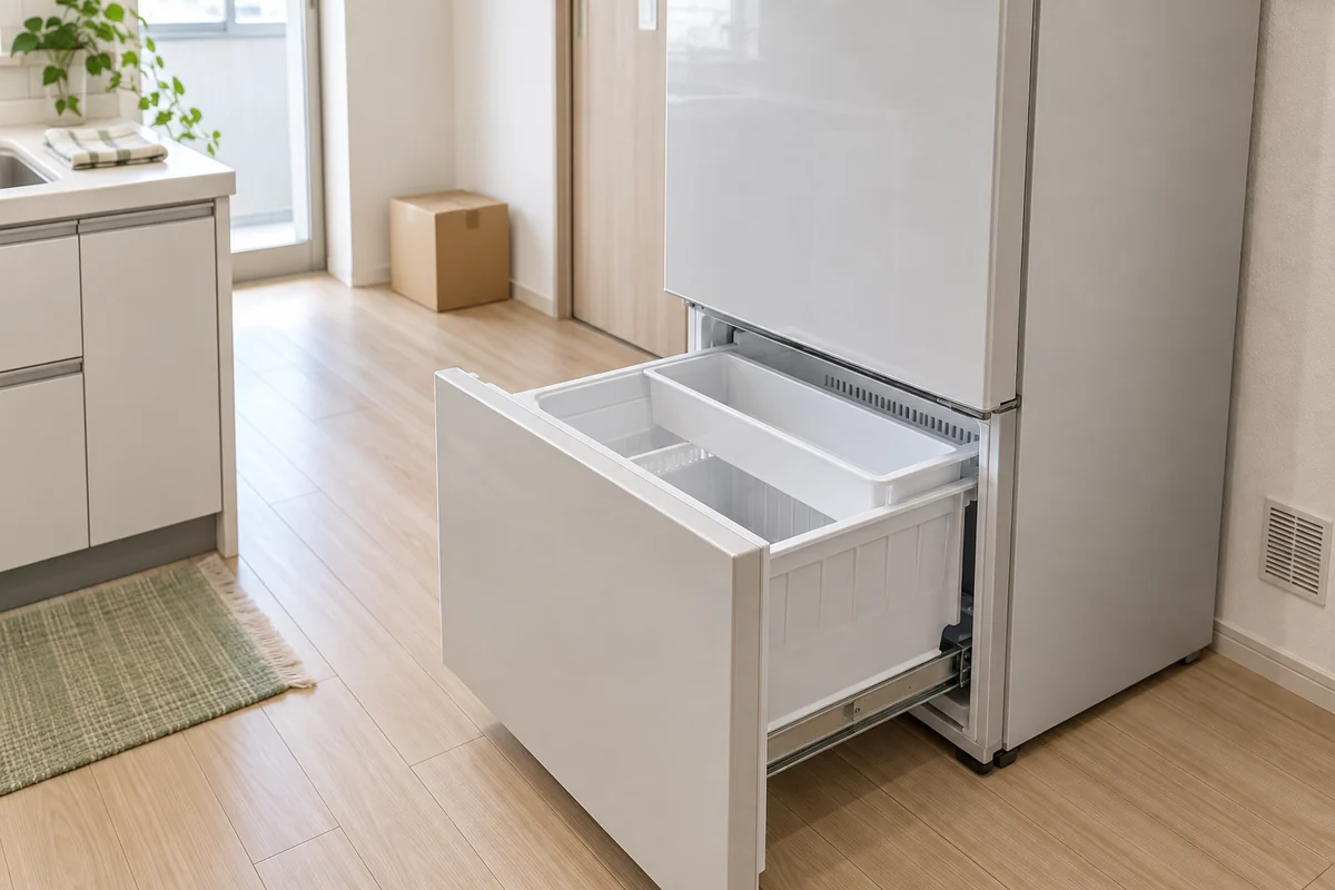 荷ほどき中の部屋で空の冷凍室を開いた冷蔵庫