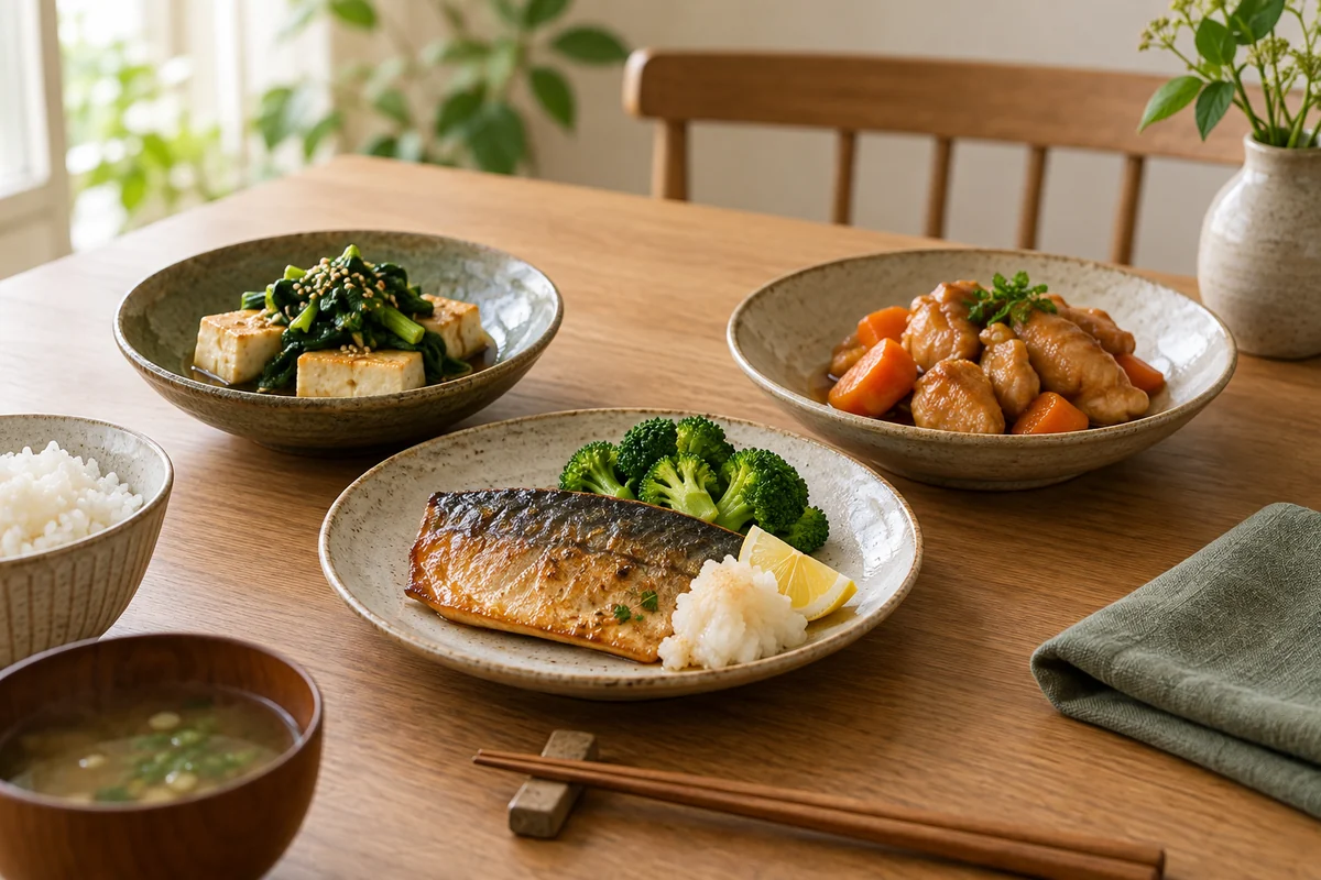 魚と鶏肉と豆腐を使った異なるおかずの食卓