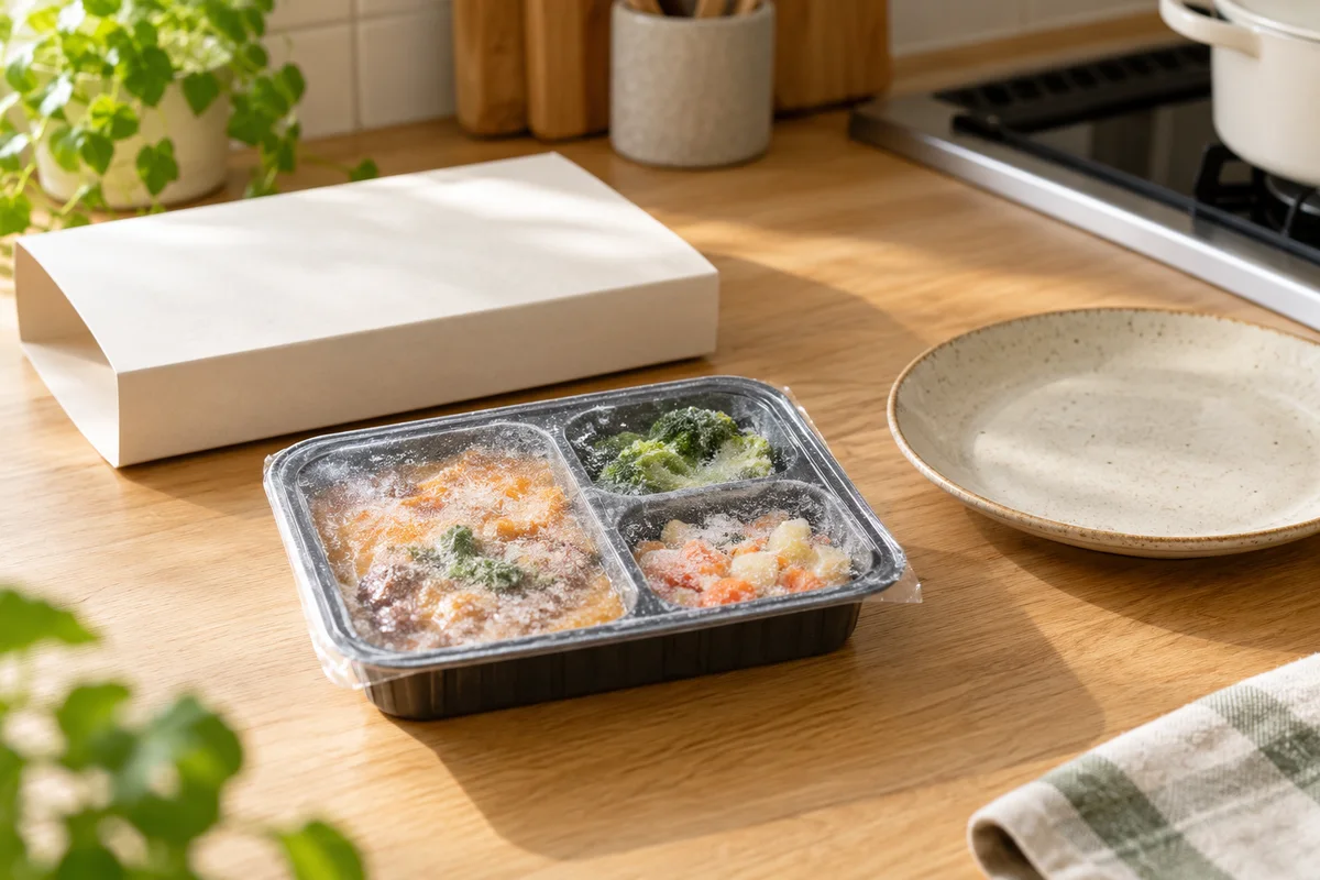 冷凍された弁当トレーと包装を置いた木のキッチンカウンター