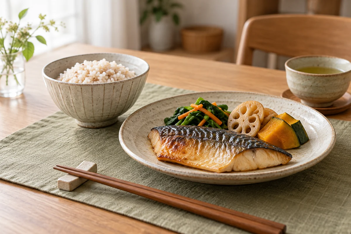 魚のおかずと麦ごはんを並べた落ち着いた食卓