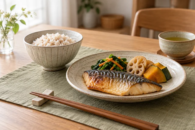 魚のおかずと麦ごはんを並べた落ち着いた食卓