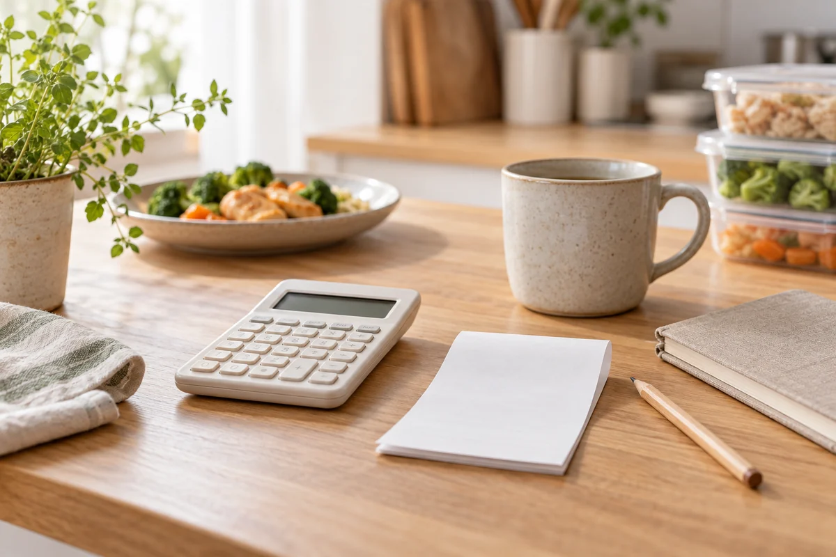 電卓と手帳を置いて食費を整理するキッチンのテーブル