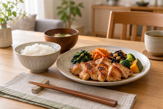 一人分のおかずとご飯を並べた食卓のイメージ