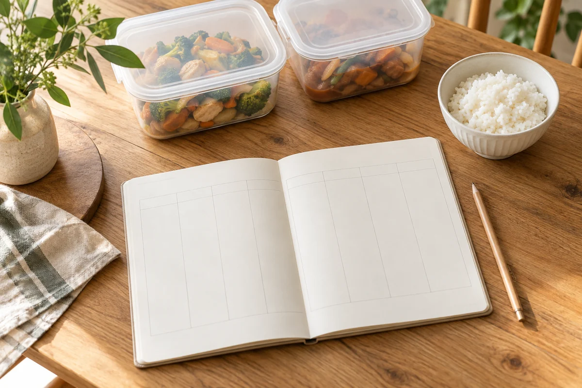手帳と食品保存容器を置いた食事計画のテーブル
