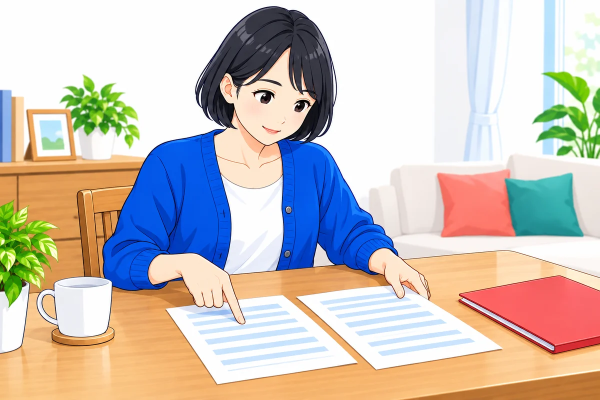 給与明細書2枚を並べて必要な内容を見比べる女性