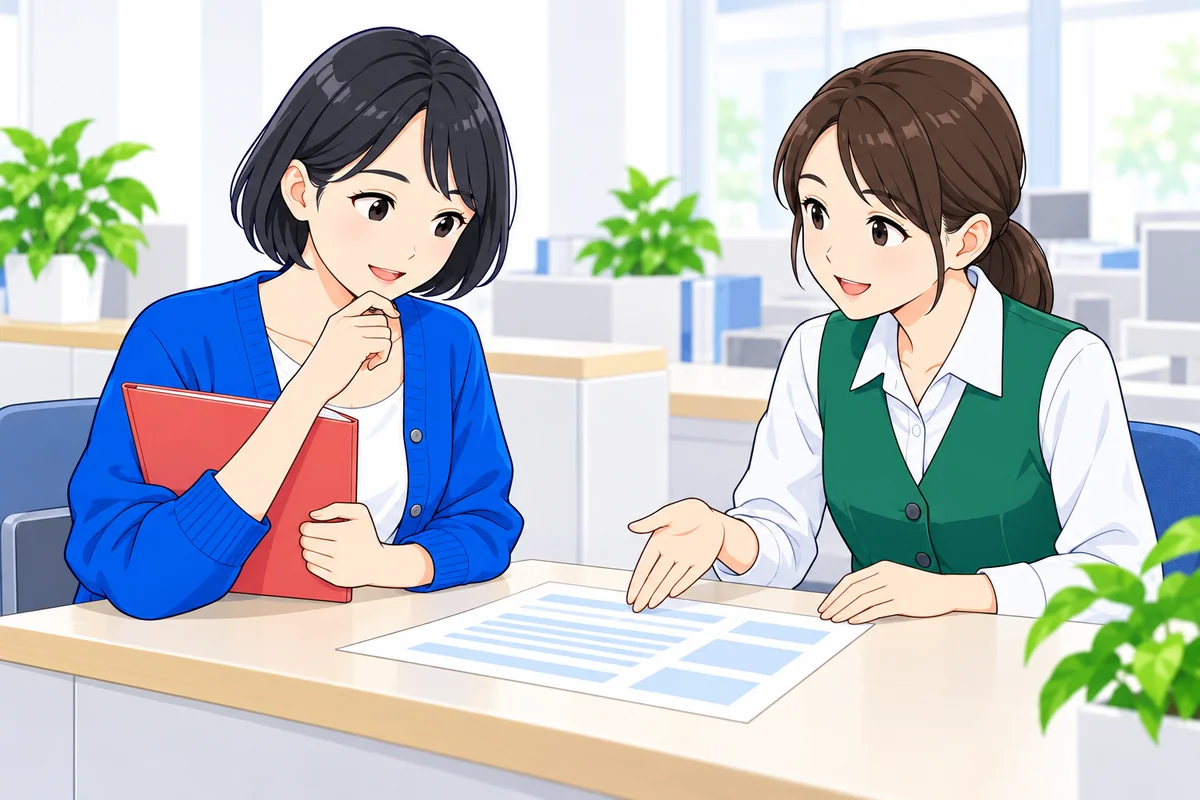窓口で担当者に書類について相談する女性