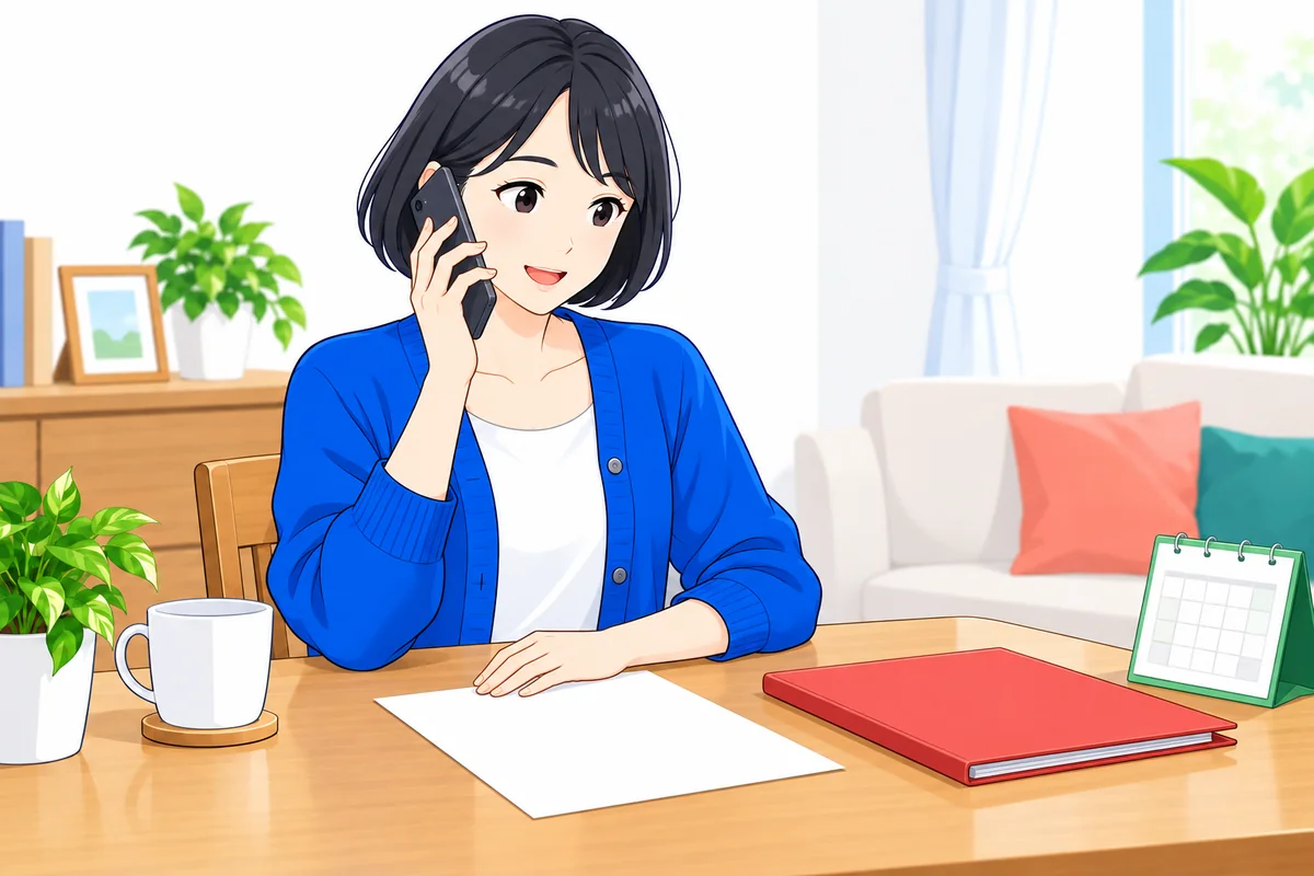 勤務先へ電話して書類の発行予定を相談する女性