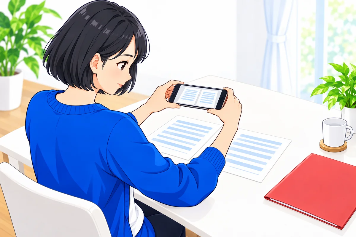 給与明細書の全体をスマートフォンで撮影する女性