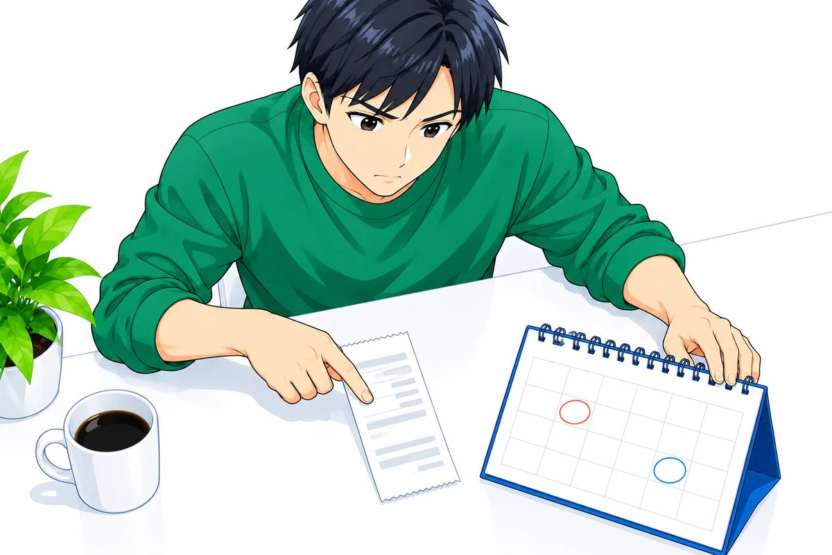 カレンダーと支払明細を並べて返済した時期を比べる男性
