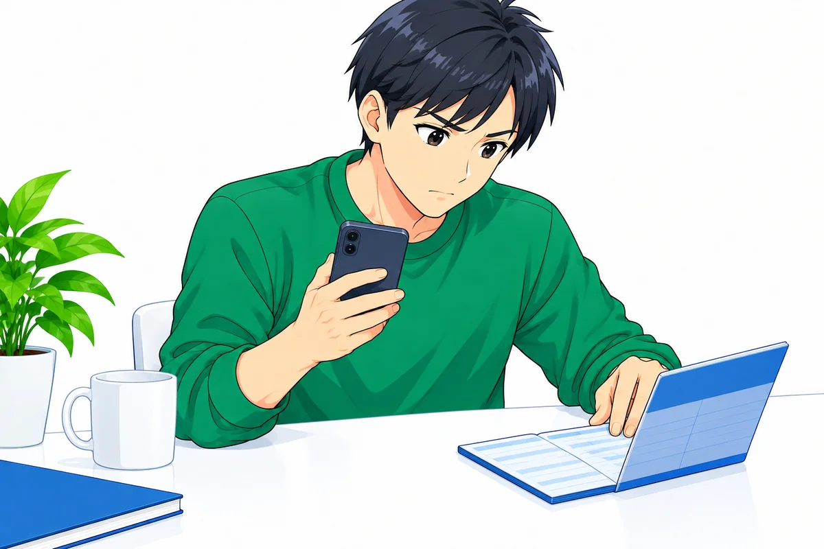 銀行の支払履歴とスマートフォンの返済表示を見比べる男性
