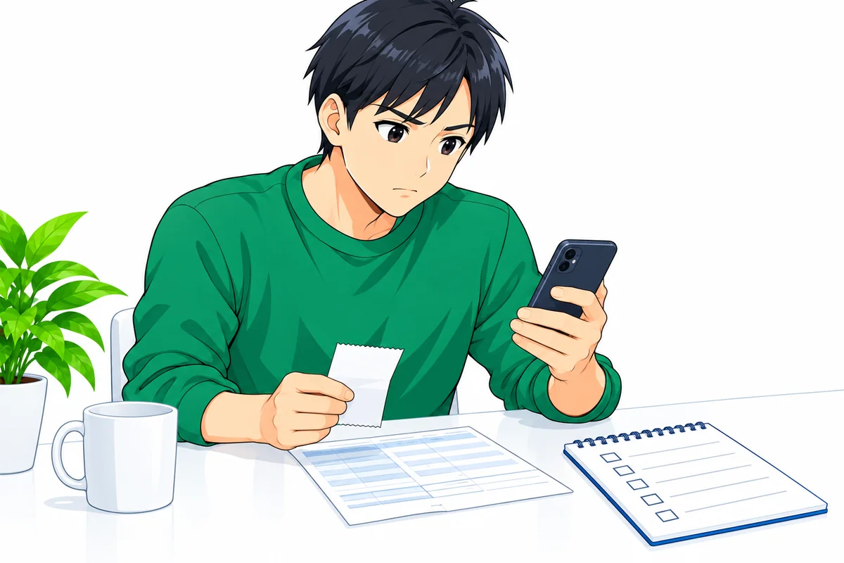 支払明細と銀行の履歴を整理して返済の完了を確かめる男性