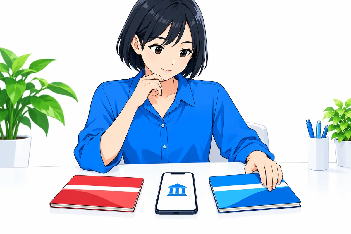 二つの銀行通帳とスマートフォンを並べて返済口座の変更を考える女性