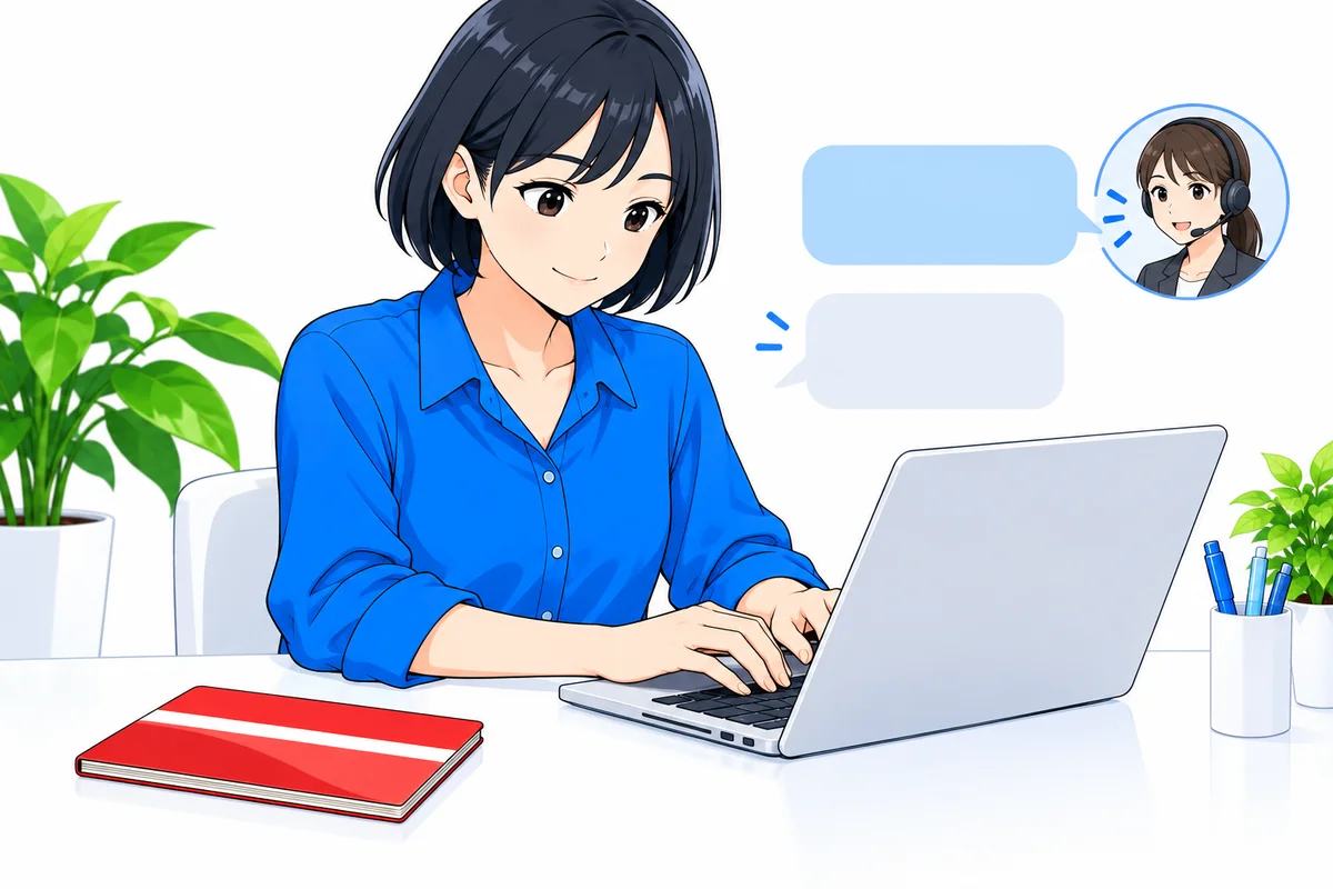 チャットで相談するためにノートパソコンと銀行の通帳を用意する女性