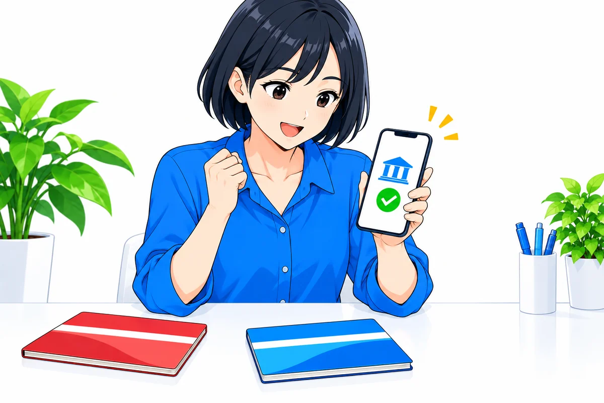 新しい銀行口座の登録をスマートフォンで確認する女性