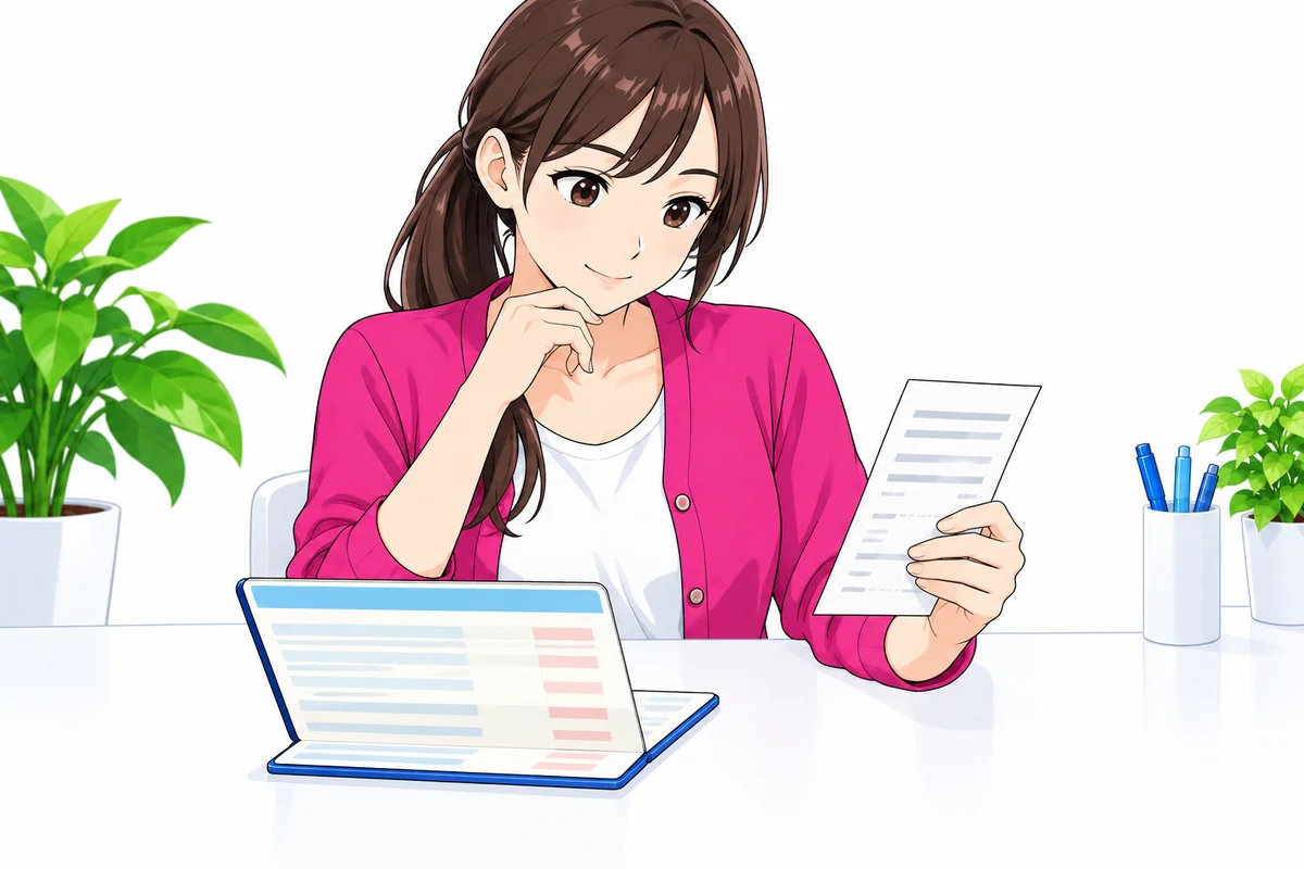 完済後の返金を確認するため支払明細と通帳を見比べる女性