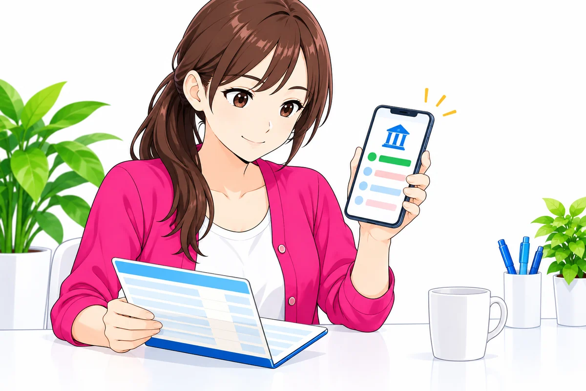銀行の入金履歴と通帳をスマートフォンで確認する女性