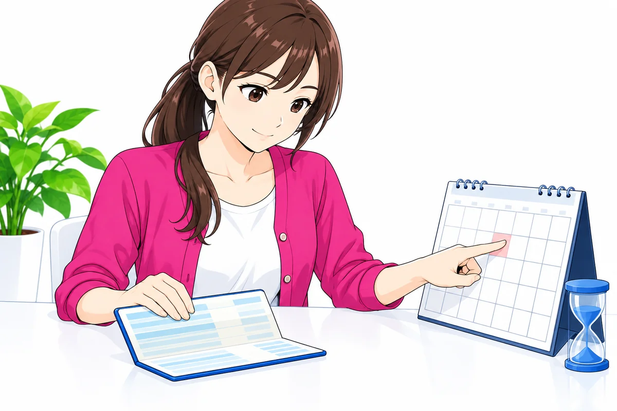 通帳とカレンダーを並べて返金の営業日を確認する女性