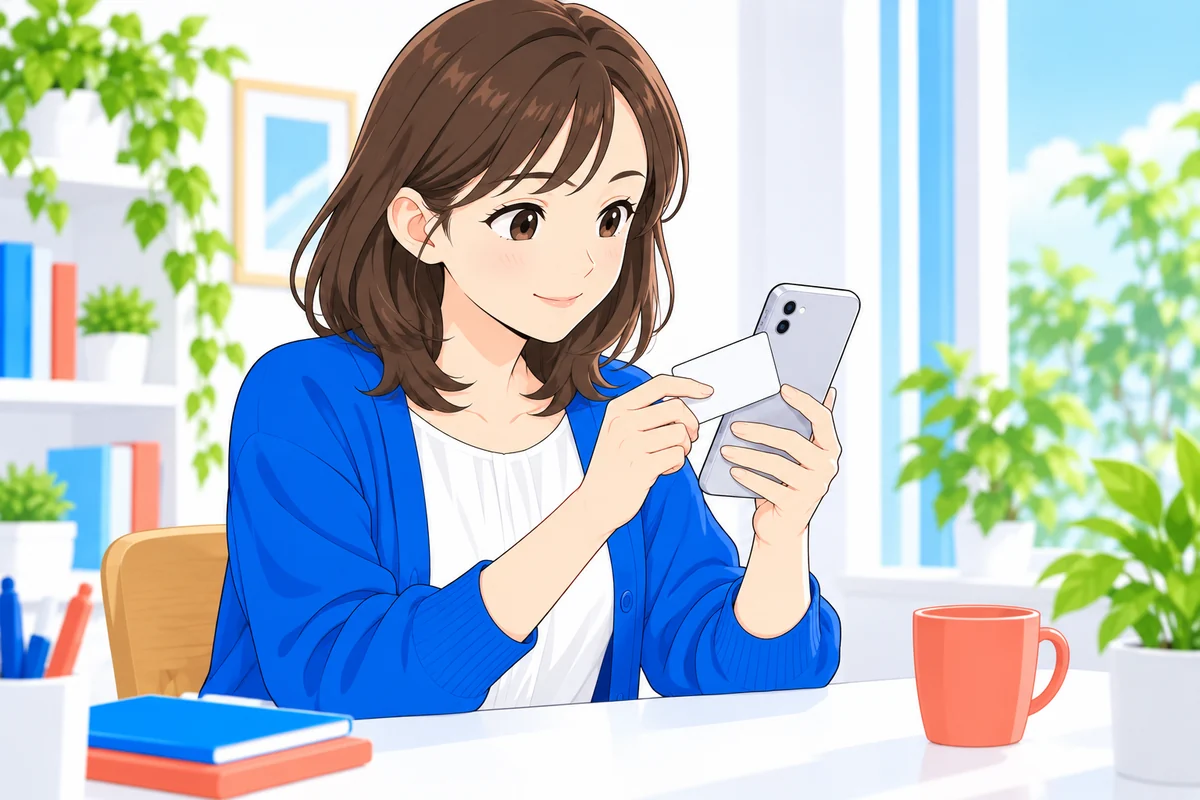 スマホとカードで所得情報の送信操作を進める女性
