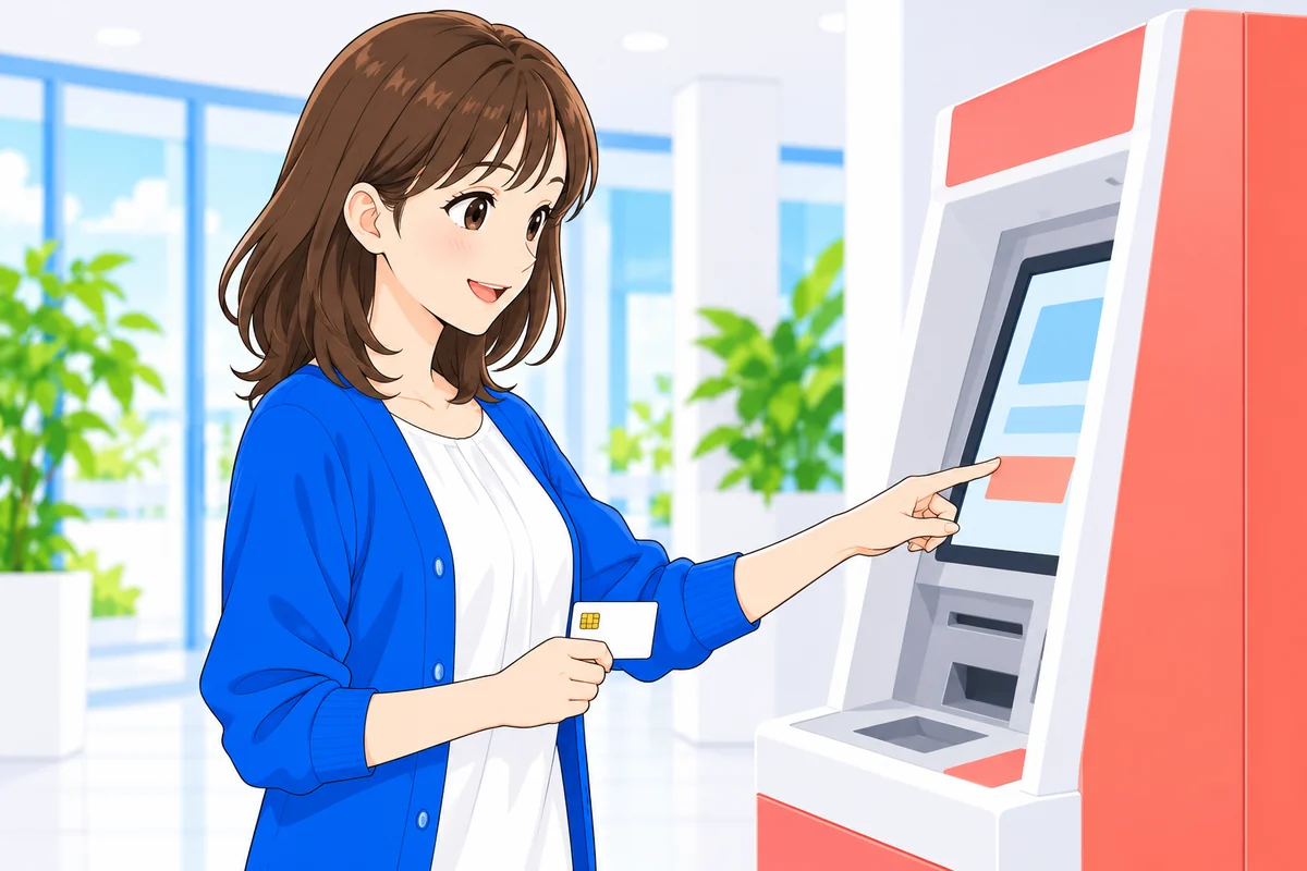 ATMでマイナンバーカードによる情報提出を行う女性
