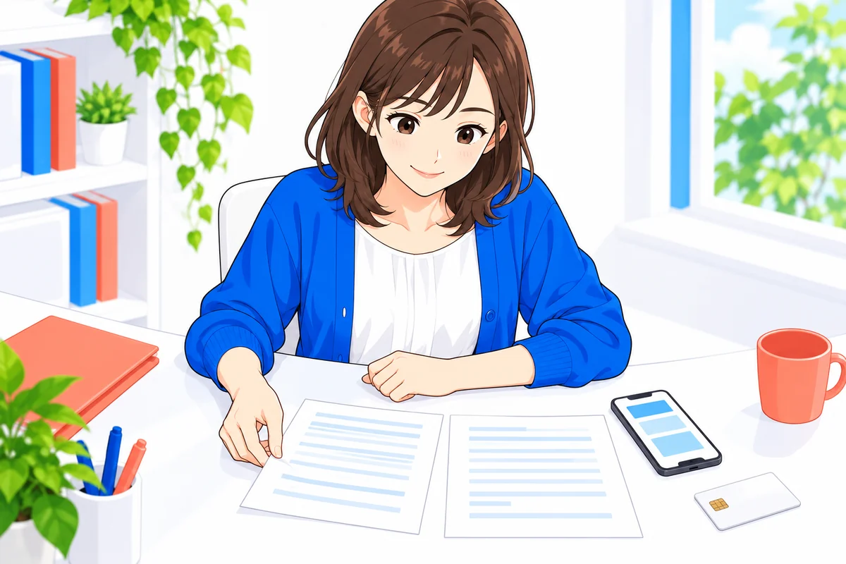 給与明細書とスマホを並べて代わりの提出を準備する女性