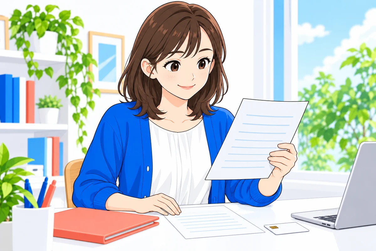 勤務書類とカードを見比べて利用条件を確かめる女性