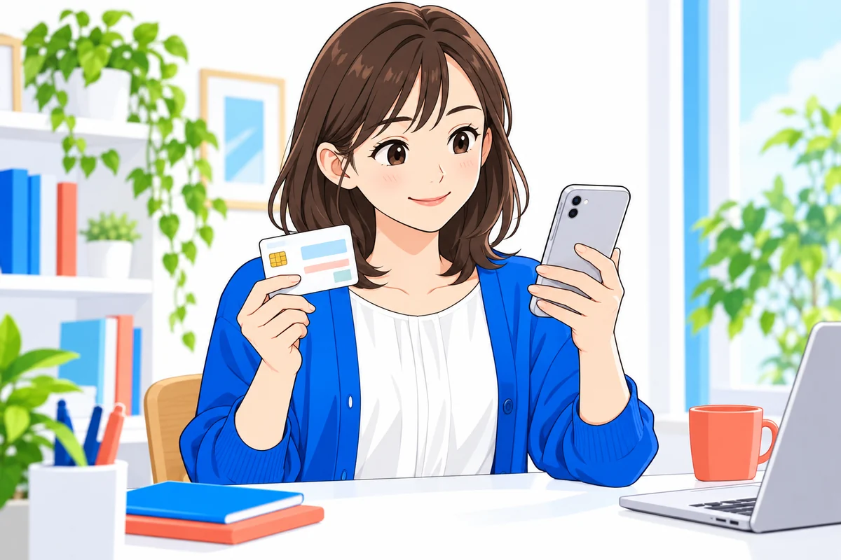 マイナンバーカードとスマホを手に所得情報の提出を準備する女性