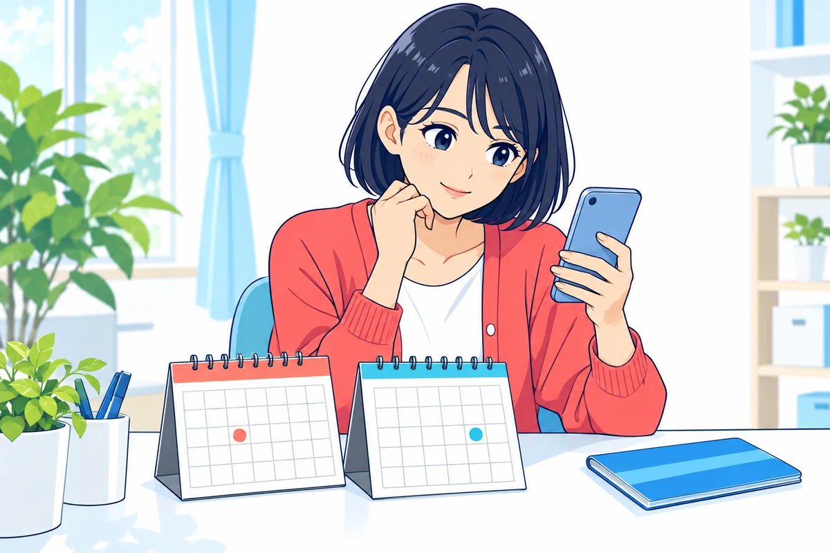 スマホを見ながら返済期日と初回引落日の二つの予定を確認する女性
