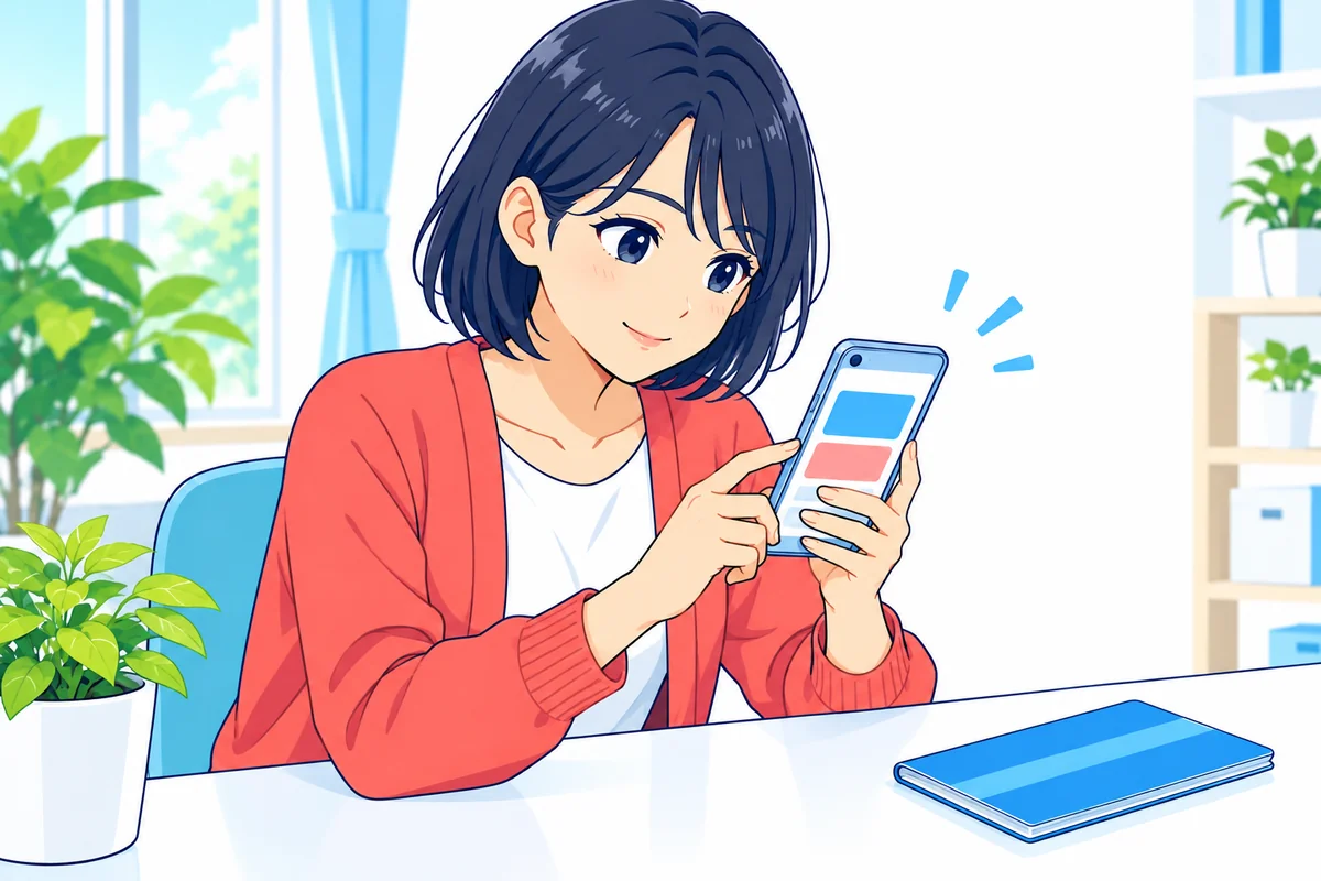 スマホと通帳を用意して口座振替の登録状況を確認する女性