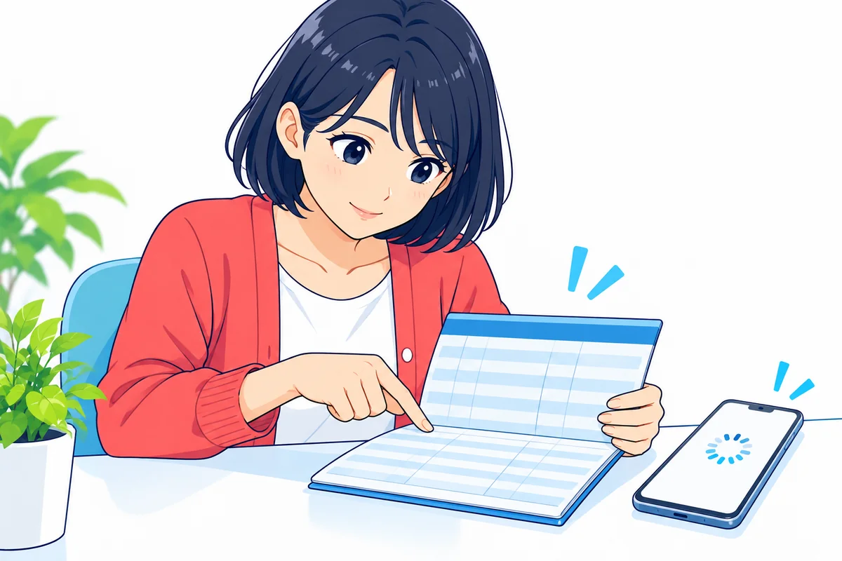 銀行の通帳と反映待ちのスマホ画面を見比べる女性