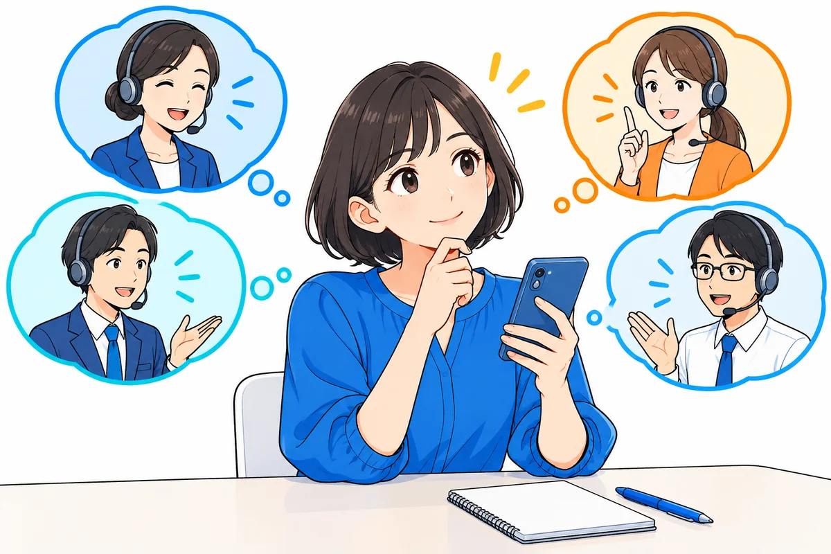 スマートフォンを持ち用件に合う相談先を考える女性