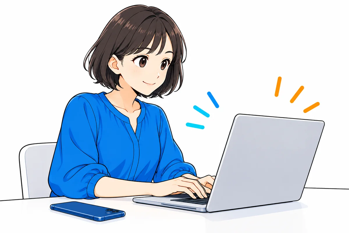 ノートパソコンで手続き先を確認する女性と机に置いたスマートフォン