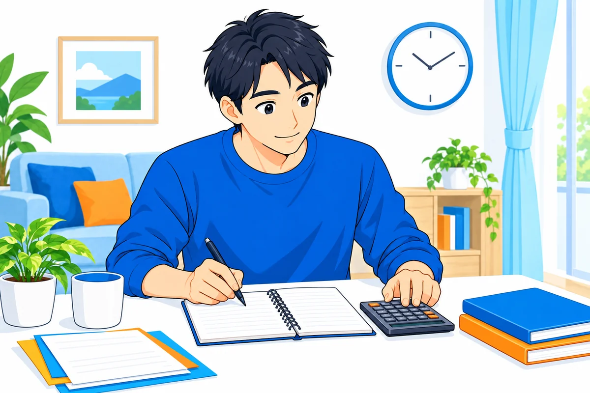 電卓と家計ノートを使って返済計画を立てる男性