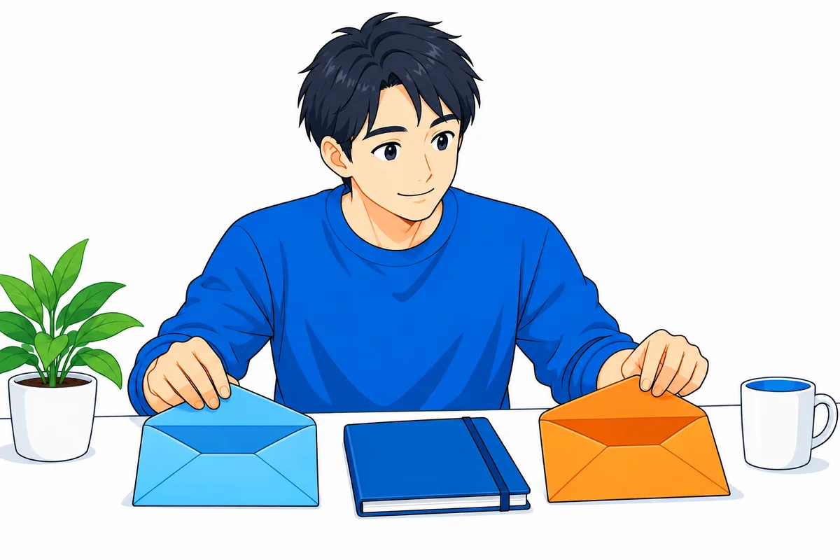 通常分と追加分の資金を2つの封筒に分けて用意する男性
