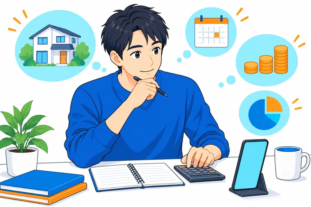 スマートフォンと家計ノートで月々の返済額を考える男性