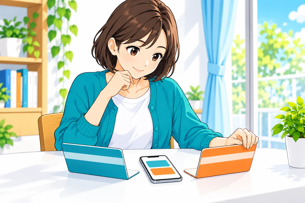 色の違う2冊の通帳を見比べて口座の用途を考える女性