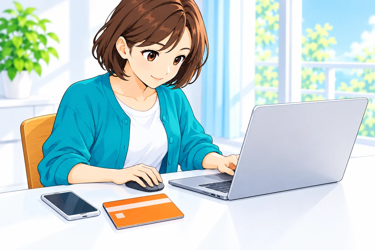 パソコンのブラウザで口座登録の手続きを進める女性