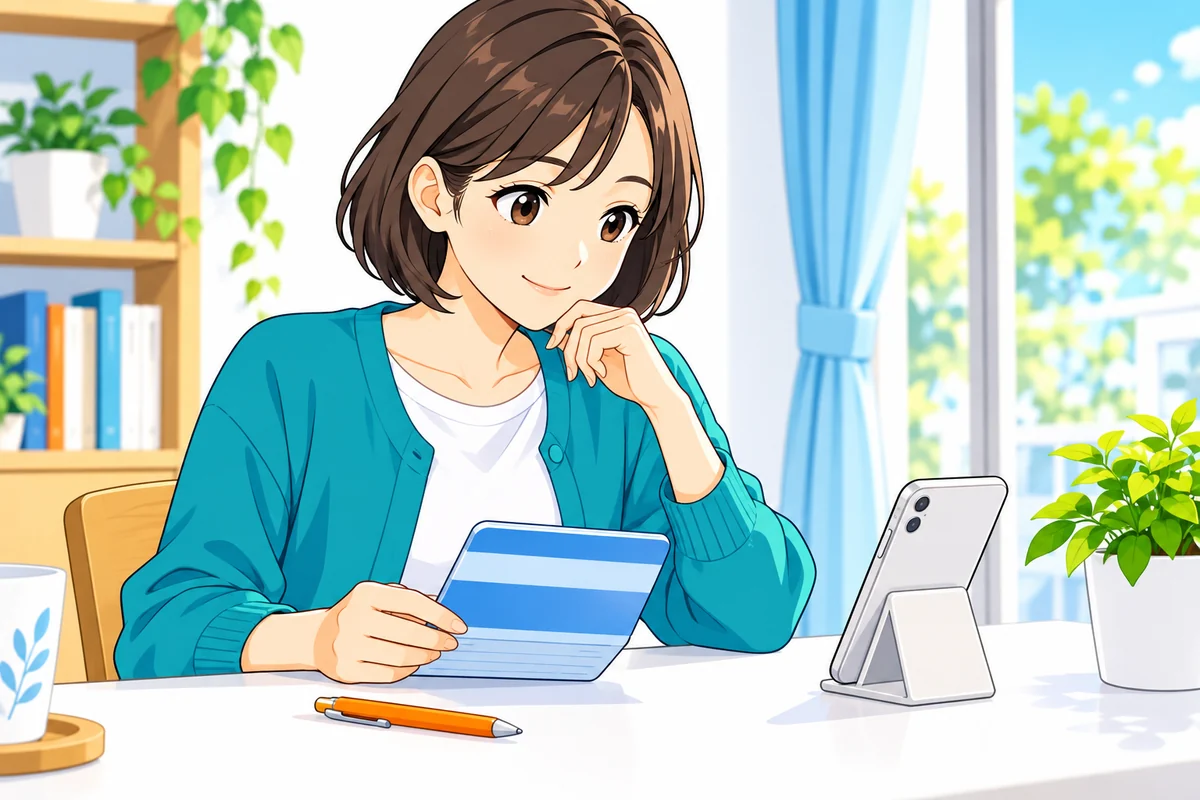 通帳とスマートフォンを見ながら返済口座を確かめる女性