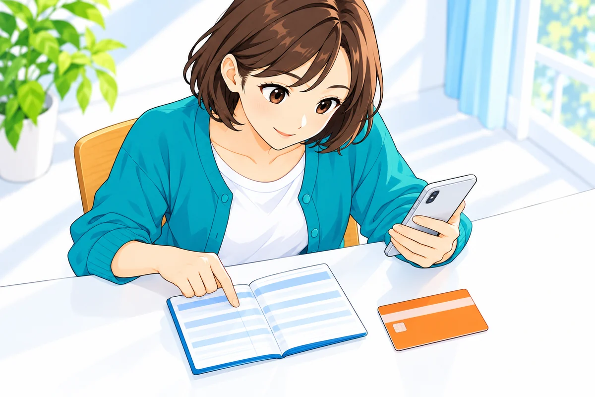 通帳の情報とスマートフォンを照合して口座登録を進める女性