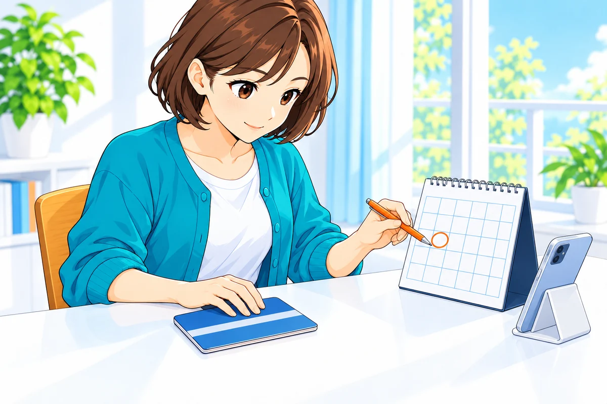 カレンダーと通帳で次の返済予定を確認する女性
