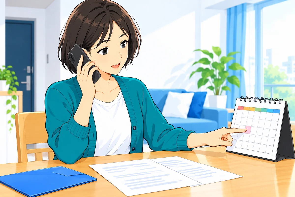 女性が更新費用の案内とカレンダーを前に管理会社へ電話する