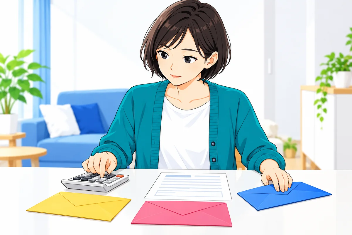 女性が家賃用の封筒を分けて更新費用の不足額を計算する