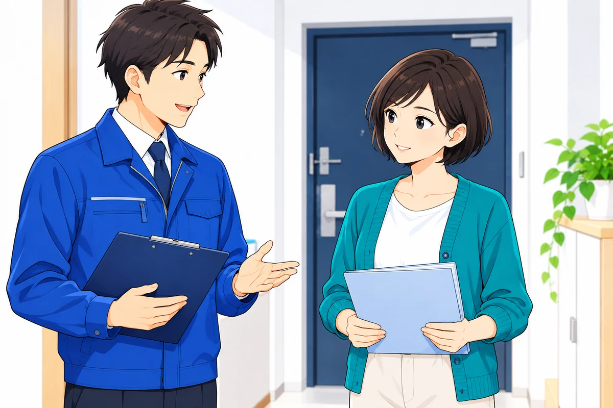 女性が玄関で書面を持ち管理担当者と更新手続きについて話す
