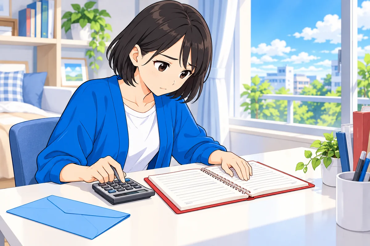 家計のメモと電卓を使い追加費用の不足分を計算する女性
