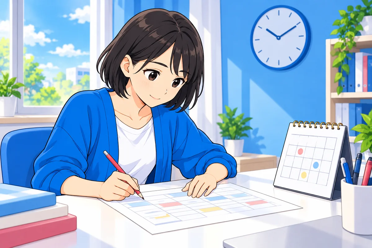 教習の予定表とカレンダーを見て支払日と期限を確認する女性