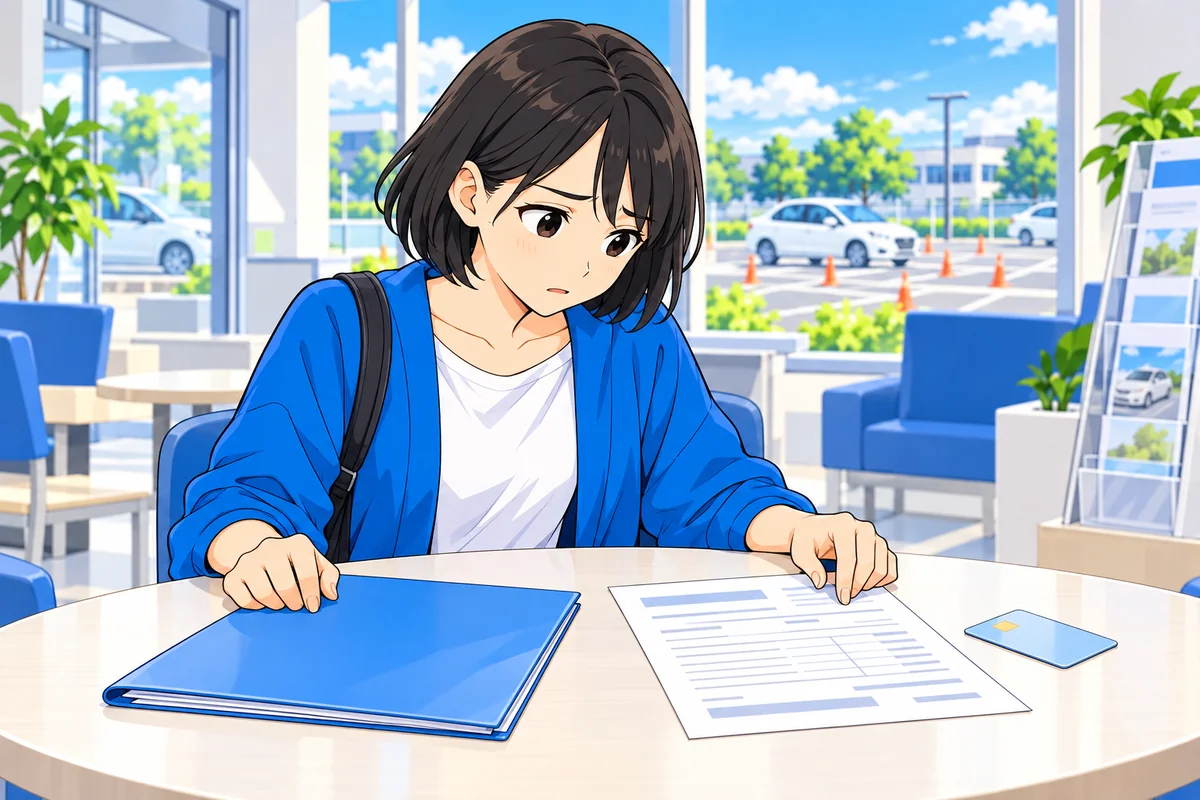 入校時の契約書と今回の追加請求を別々に確認する女性