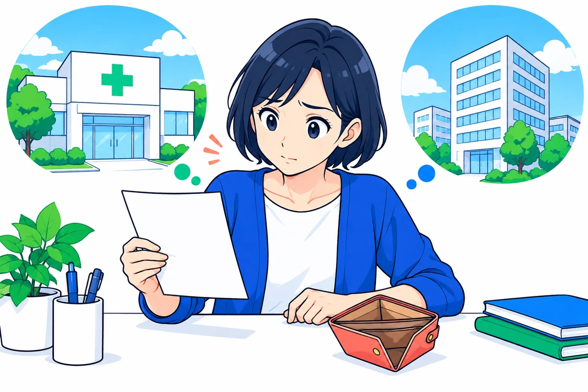 健診の案内と財布を見ながら会社と医療機関の支払いを考える女性